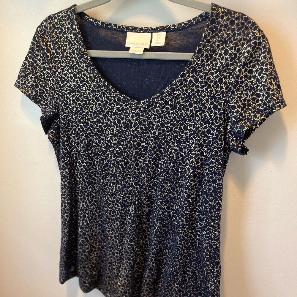 Cynthia Rowley linen navy and gold star blouse small